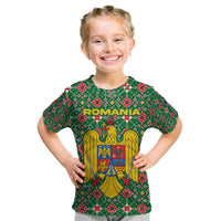 Romania Christmas Kid T Shirt with Green and Red Pattern Golden Eagle and Santa Motif - Wonder Print Shop