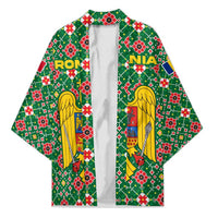 Romania Christmas Kimono with Green and Red Pattern Golden Eagle and Santa Motif - Wonder Print Shop