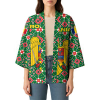 Romania Christmas Kimono with Green and Red Pattern Golden Eagle and Santa Motif - Wonder Print Shop