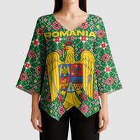 Romania Christmas Kimono Sleeve Blouse with Green and Red Pattern Golden Eagle and Santa Motif - Wonder Print Shop