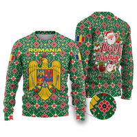 Romania Christmas Ugly Christmas Sweater with Green and Red Pattern Golden Eagle and Santa Motif - Wonder Print Shop