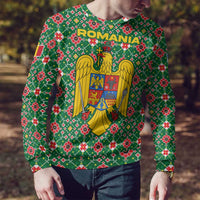 Romania Christmas Ugly Christmas Sweater with Green and Red Pattern Golden Eagle and Santa Motif - Wonder Print Shop
