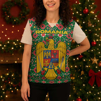 Romania Christmas Knitted V-Neck Vest with Green and Red Pattern Golden Eagle and Santa Motif - Wonder Print Shop