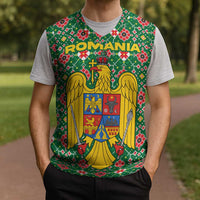 Romania Christmas Knitted V-Neck Vest with Green and Red Pattern Golden Eagle and Santa Motif - Wonder Print Shop