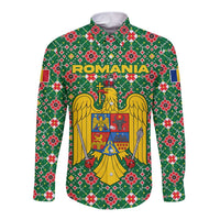 Romania Christmas Long Sleeve Button Shirt with Green and Red Pattern Golden Eagle and Santa Motif - Wonder Print Shop
