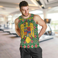 Romania Christmas Men Tank Top with Green and Red Pattern Golden Eagle and Santa Motif - Wonder Print Shop