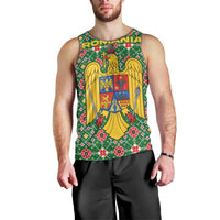 Romania Christmas Men Tank Top with Green and Red Pattern Golden Eagle and Santa Motif - Wonder Print Shop