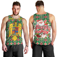 Romania Christmas Men Tank Top with Green and Red Pattern Golden Eagle and Santa Motif - Wonder Print Shop