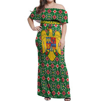 Romania Christmas Off Shoulder Maxi Dress with Green and Red Pattern Golden Eagle and Santa Motif - Wonder Print Shop