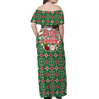 Romania Christmas Off Shoulder Maxi Dress with Green and Red Pattern Golden Eagle and Santa Motif - Wonder Print Shop