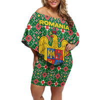 Romania Christmas Off Shoulder Short Dress with Green and Red Pattern Golden Eagle and Santa Motif - Wonder Print Shop
