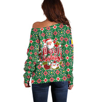 Romania Christmas Off Shoulder Sweater with Green and Red Pattern Golden Eagle and Santa Motif - Wonder Print Shop