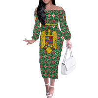 Romania Christmas Off The Shoulder Long Sleeve Dress with Green and Red Pattern Golden Eagle and Santa Motif - Wonder Print Shop