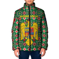 Romania Christmas Padded Jacket with Green and Red Pattern Golden Eagle and Santa Motif - Wonder Print Shop