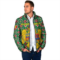 Romania Christmas Padded Jacket with Green and Red Pattern Golden Eagle and Santa Motif - Wonder Print Shop
