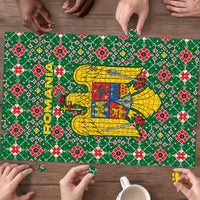 Romania Christmas Puzzle with Green and Red Pattern Golden Eagle and Santa Motif - Wonder Print Shop