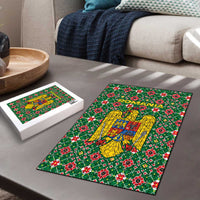 Romania Christmas Puzzle with Green and Red Pattern Golden Eagle and Santa Motif - Wonder Print Shop