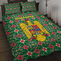Romania Christmas Quilt Bed Set with Green and Red Pattern Golden Eagle and Santa Motif - Wonder Print Shop