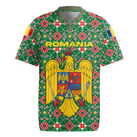 Romania Christmas Rugby Jersey with Green and Red Pattern Golden Eagle and Santa Motif - Wonder Print Shop
