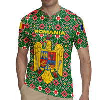 Romania Christmas Rugby Jersey with Green and Red Pattern Golden Eagle and Santa Motif - Wonder Print Shop