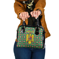 Romania Christmas Shoulder Handbag with Green and Red Pattern Golden Eagle and Santa Motif - Wonder Print Shop