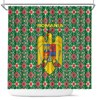 Romania Christmas Shower Curtain with Green and Red Pattern Golden Eagle and Santa Motif - Wonder Print Shop