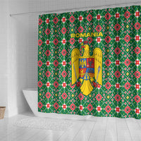 Romania Christmas Shower Curtain with Green and Red Pattern Golden Eagle and Santa Motif - Wonder Print Shop