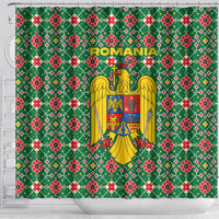 Romania Christmas Shower Curtain with Green and Red Pattern Golden Eagle and Santa Motif - Wonder Print Shop