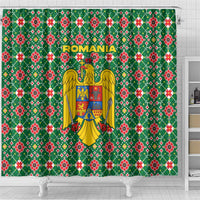 Romania Christmas Shower Curtain with Green and Red Pattern Golden Eagle and Santa Motif - Wonder Print Shop