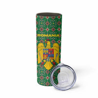 Romania Christmas Skinny Tumbler with Green and Red Pattern Golden Eagle and Santa Motif - Wonder Print Shop