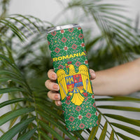 Romania Christmas Skinny Tumbler with Green and Red Pattern Golden Eagle and Santa Motif - Wonder Print Shop
