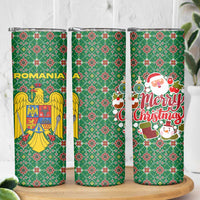 Romania Christmas Skinny Tumbler with Green and Red Pattern Golden Eagle and Santa Motif - Wonder Print Shop