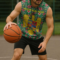 Romania Christmas Sleeveless Hoodie with Green and Red Pattern Golden Eagle and Santa Motif - Wonder Print Shop