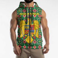 Romania Christmas Sleeveless Zip Hoodie with Green and Red Pattern Golden Eagle and Santa Motif - Wonder Print Shop