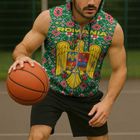Romania Christmas Sleeveless Zip Hoodie with Green and Red Pattern Golden Eagle and Santa Motif - Wonder Print Shop