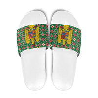 Romania Christmas Slide Sandals with Green and Red Pattern Golden Eagle and Santa Motif - Wonder Print Shop