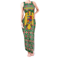 Romania Christmas Tank Maxi Dress with Green and Red Pattern Golden Eagle and Santa Motif - Wonder Print Shop