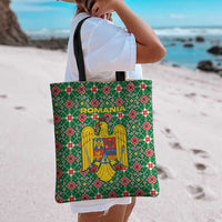 Romania Christmas Tote Bag with Green and Red Pattern Golden Eagle and Santa Motif - Wonder Print Shop