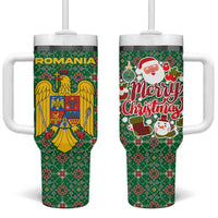 Romania Christmas Tumbler With Handle with Green and Red Pattern Golden Eagle and Santa Motif - Wonder Print Shop