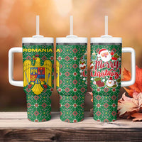Romania Christmas Tumbler With Handle with Green and Red Pattern Golden Eagle and Santa Motif - Wonder Print Shop