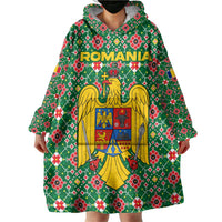 Romania Christmas Wearable Blanket Hoodie with Green and Red Pattern Golden Eagle and Santa Motif - Wonder Print Shop