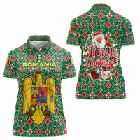 Romania Christmas Women Polo Shirt with Green and Red Pattern Golden Eagle and Santa Motif - Wonder Print Shop