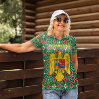 Romania Christmas Women Polo Shirt with Green and Red Pattern Golden Eagle and Santa Motif - Wonder Print Shop