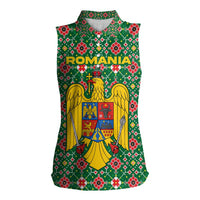Romania Christmas Women Sleeveless Polo Shirt with Green and Red Pattern Golden Eagle and Santa Motif - Wonder Print Shop