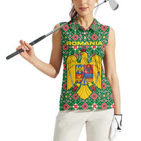 Romania Christmas Women Sleeveless Polo Shirt with Green and Red Pattern Golden Eagle and Santa Motif - Wonder Print Shop