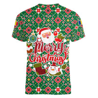 Romania Christmas Women V-Neck T-Shirt with Green and Red Pattern Golden Eagle and Santa Motif - Wonder Print Shop