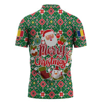 Romania Christmas Zipper Polo Shirt with Green and Red Pattern Golden Eagle and Santa Motif - Wonder Print Shop