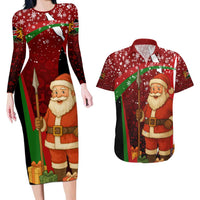 Kenya Christmas Couples Matching Long Sleeve Bodycon Dress and Hawaiian Shirt with Santa Claus Spear and Red Green Harambee Crest - Wonder Print Shop