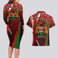 Kenya Christmas Couples Matching Long Sleeve Bodycon Dress and Hawaiian Shirt with Santa Claus Spear and Red Green Harambee Crest - Wonder Print Shop