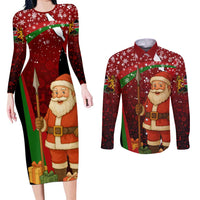 Kenya Christmas Couples Matching Long Sleeve Bodycon Dress and Long Sleeve Button Shirt with Santa Claus Spear and Red Green Harambee Crest - Wonder Print Shop